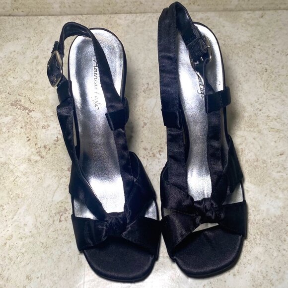 Black Satin Open-Toe Heels With Bow Detail & Adjustable Strap - 3-Inch Heel - Picture 2 of 9